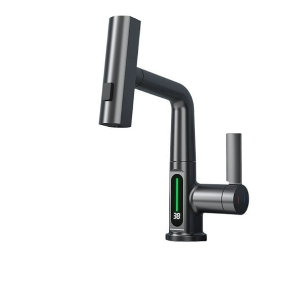 Digital Display Basin Faucet, Pull Out Lifting Bathroom Faucets, 3 Ways Nozzle Rainfall Stream Sprayer Hot Cold Water Mixer Tap