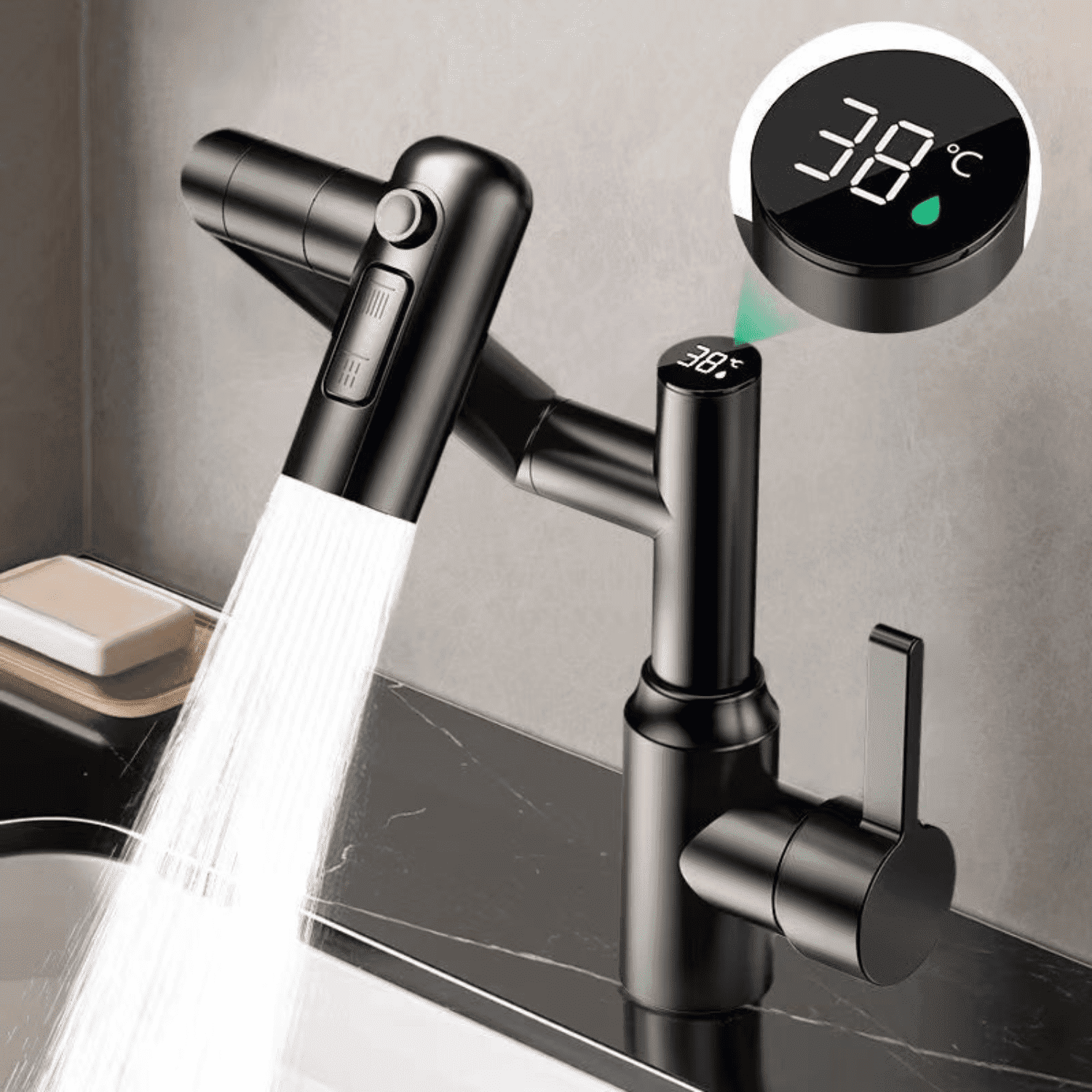 Bathroom Faucet with Digital LED Display: 1080° Swivel Spout & Temperature Sensor - Single Handle Vanity Faucet with Multifunction Spray - Easy Install Basin Faucet