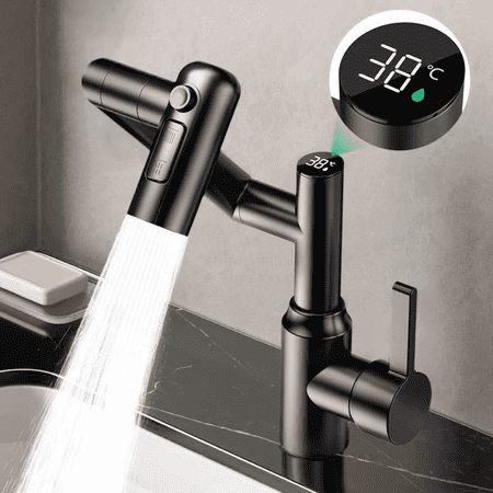 Sanie Bathroom Faucet with Digital LED Display: 1080° Swivel Spout & Temperature Sensor - Single Handle Vanity Faucet with Multifunction Spray - Easy Install Basin Faucet