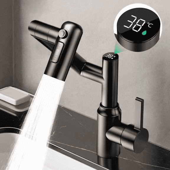 Bathroom Faucet with Digital LED Display: 1080 Swivel Spout & Temperature Sensor - Single Handle Vanity Faucet with Multifunction Spray - Easy Install Basin Faucet