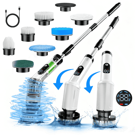 Digital Display Electric Rotating Cleaning Brush, Adjustable Extension Handle, 8 Replaceable Brush Heads, Multi-Purpose Household Scrubber for Shower Floors, Ideal Cleaning Tool for Bathroom, Kitchen