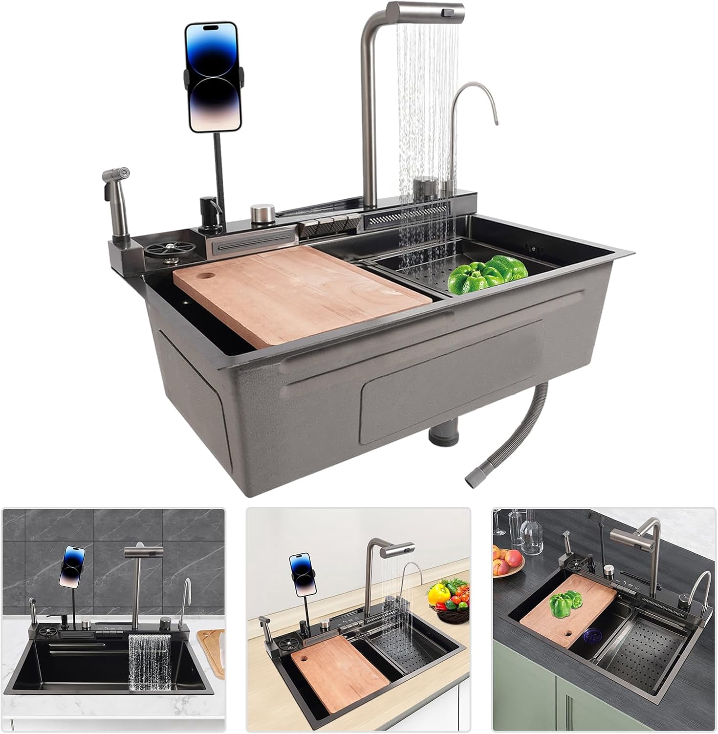 Digital Display Kitchen Sink,304 Stainless Steel Single Bowl Kitchen ...