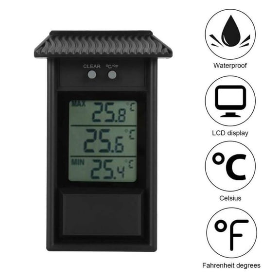 Digital Display Max Min Thermometer With Celsius Fahrenheit Conversion, Waterproof IP45 ABS, Indoor Outdoor Wall Mount For Home Garden Greenhouse Conservatory(black)