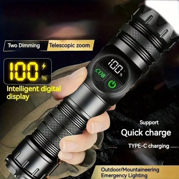 Digital Display Rechargeable LED Flashlight (Model LT-164) - Zoomable COB Spotlight with Type-C Quick Charge for Camping & Emergency, Black