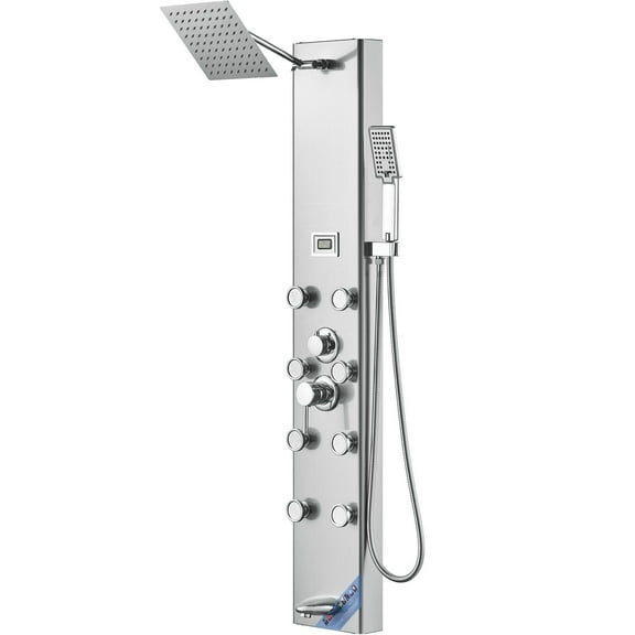 Digital Display Shower Panel System 5 Modes 8 Massage Jets Rain Shower 3 Speed Hand Shower 59 Inch Hose Bathtub Spout Stainless Steel Wall Mounted