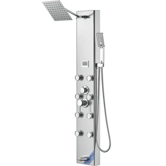 Digital Display Shower Panel System with 5 Modes Rainfall 8 Massage Jets Tub Spout 3 Setting Handheld Shower Head 59 Inch Hose Stainless Steel Wall Mounted