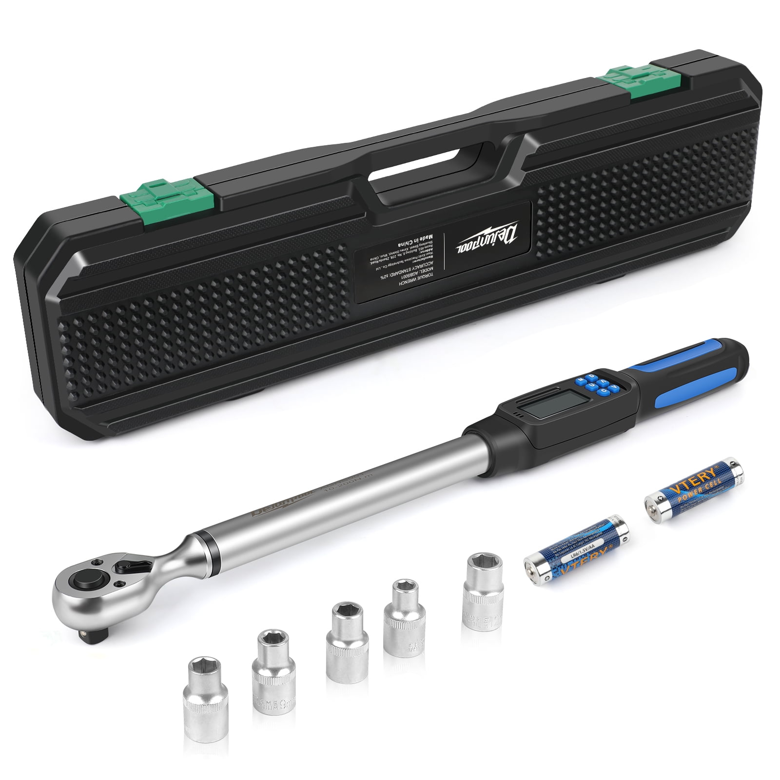 Digital Display Torque Wrench 1/2 inch 10-200NM with 5/16 inch,7/20 inch,3/8 inch,7/16 inch,16/32 inch Adapter