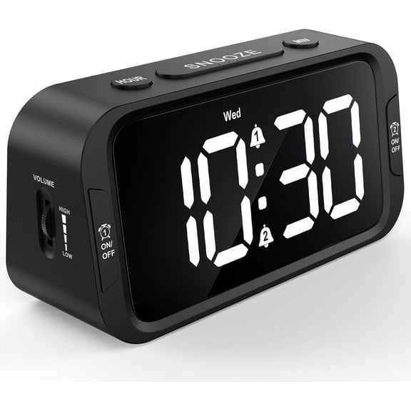 Digital Dual Alarm Clock for Bedroom, Easy to Set, 0-100% Dimmer, USB Charger, 5 Sounds Adjustable Volume, Weekday/Weekend Mode, Snooze, 12/24Hr, Battery Backup, Compact Clock for Bedside