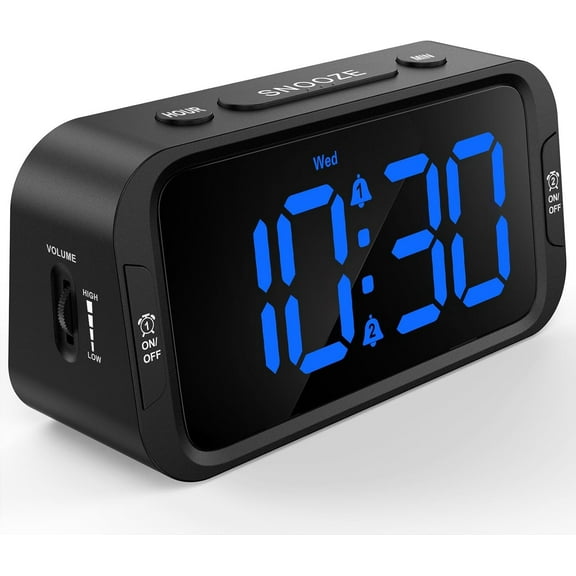 Digital Dual Alarm Clock for Bedroom, Easy to Set, 0-100% Dimmer, USB Charr, 5 Sounds Adjustable Volume, Weekday/Weekend Mode, Snooze, 12/24Hr, Battery Backup, Compact for Bedside(Blue)