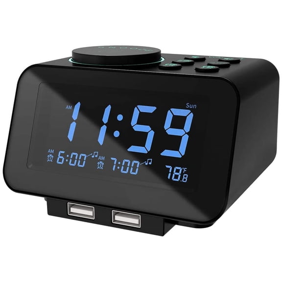 Digital Dual Alarm Clock Radio - 0-100% Dimmer with Weekday/Weekend Mode, 6 Sounds Adjustable Volume, FM Radio w/Sleep Timer, Snooze, 2 USB Charging Ports, Thermometer, Battery Backup