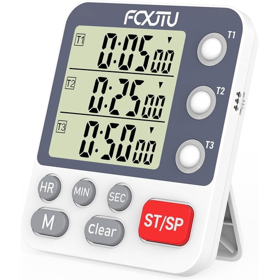 Digital Dual Kitchen Timer, 3-Channel Magnetic Countdown Stopwatch Timer for Cooking, Lar Display, Loud Alarm, 100Hr Multi Food Classroom Timer for Seniors & Teachers (Battery Included)