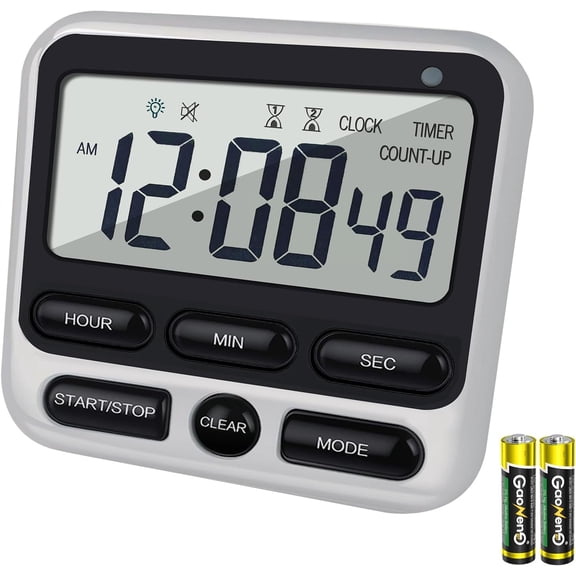 Digital Dual Kitchen Timer with Strong Magnet,24-Hour Countdown & Stopwatch,Loud Alarm,12/24 Hour Clock Switch,Calendar,Visual Indicator Light,Mute Option,3 Placement Options (Batteries Included)