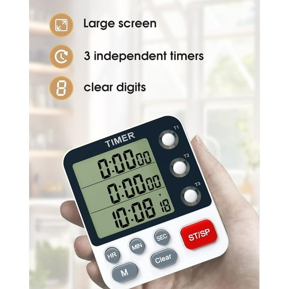 Digital Dual Kitchen Timers for Cooking, 3 Channels Count UP/Down Timer, Cooking Timer, Large Display Triple Timer, Loud Volume Alarm and Flashing Light with Magnetic Back, Stand, White