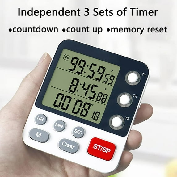 Digital Dual Kitchen Visual Timer, Timer for Kids, 3 Channels Count UP/Down Timer, Cooking Timer, Large Display Triple Timer, Loud Volume Alarm and Flashing Light with Magnetic Back, Stand, White