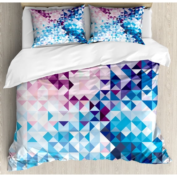Digital Duvet Cover Set, Abstract Mosaic Digital Ombre Geometrical Colorful Design Art Print Image, Decorative 3 Piece Bedding Set with 2 Pillow Shams, King Size, Pink Blue and White, by Ambesonne