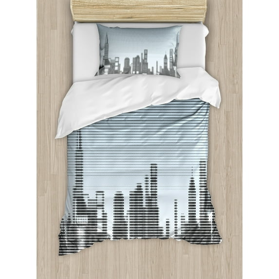 Digital Duvet Cover Set, City Skyline with Futuristic Computer Art Effects and Dot Generic Illustration, Decorative 2 Piece Bedding Set with 1 Pillow Shams, Twin Size, Pale Blue Black, by Ambesonne