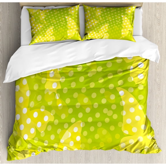 Digital Duvet Cover Set, Modern Design with Butterfly Shapes and Polka Dots Nature Print, Decorative 3 Piece Bedding Set with 2 Pillow Shams, Calking Size, Pale Green Yellow, by Ambesonne