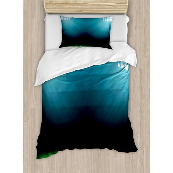 Digital Duvet Cover Set, Night at Stadium with Reflections on Grass Champion Show Performance Image, Decorative 2 Piece Bedding Set with 1 Pillow Shams, Twin Size, Forest Green Teal, by Ambesonne