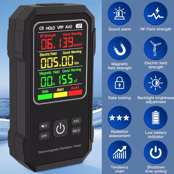 Digital EMF Meter Electromagnetic Field Radiation Detector with LCD Display, Geiger Counter for Home, Office, and Industrial Use, Measures Electric, Magnetic, and RF Radiation Levels Accurately