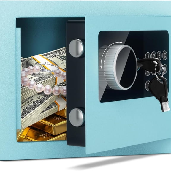 Digital Electronic Money Safe, Steel Security Lock Box with Keypad, Office Hotel Business Jewelry Gun Cash Safe, 0.23 Cubic Feet, 9.06" W x 6.69" D x 6.69" Hblue
