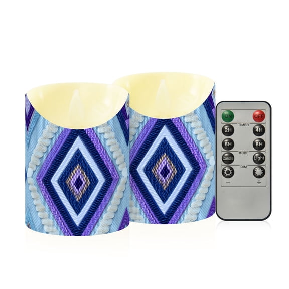 Digital Embroidery Blue Plaids Flickering Flameless Candles with Remote Timer Battery Operated LED Tealight Set of 2 S