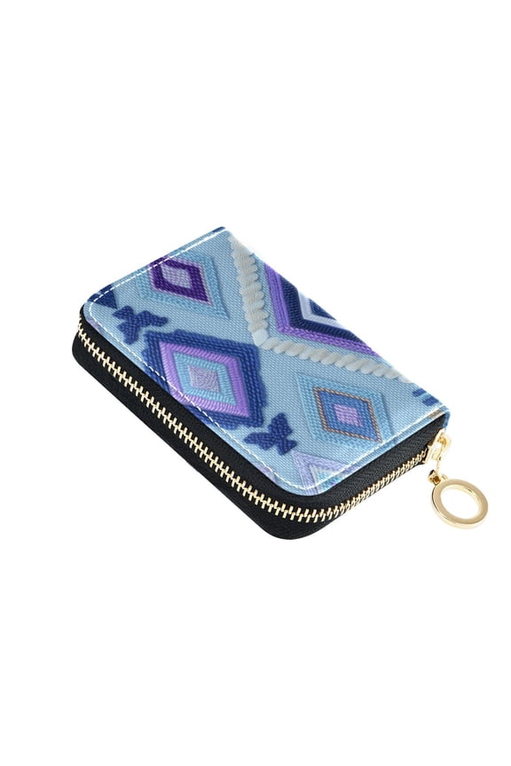 Digital Embroidery Blue Plaids Women's Credit Card Holder PU Leather Zipper Wallet RFID Blocking