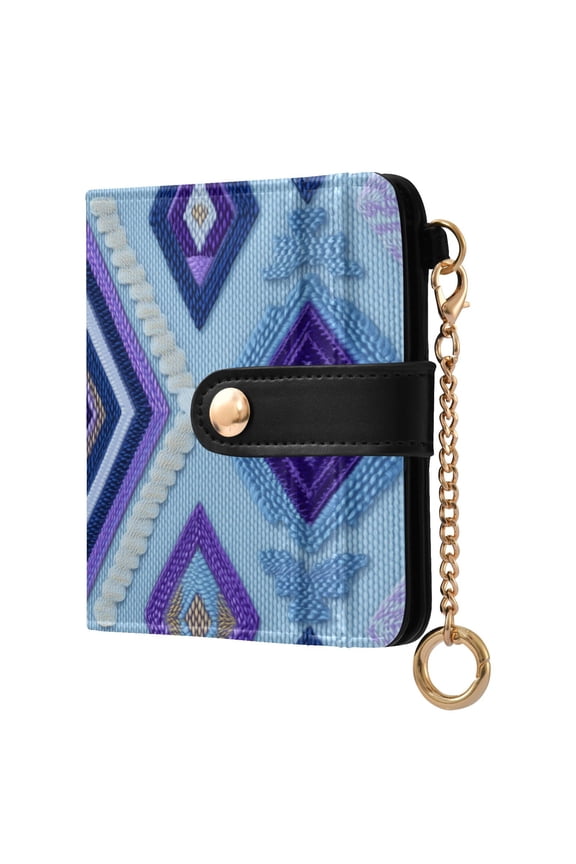 Digital Embroidery Blue Plaids Women's Wallet PU Leather Card Cases RFID Blocking Purse Billfold with Key Ring
