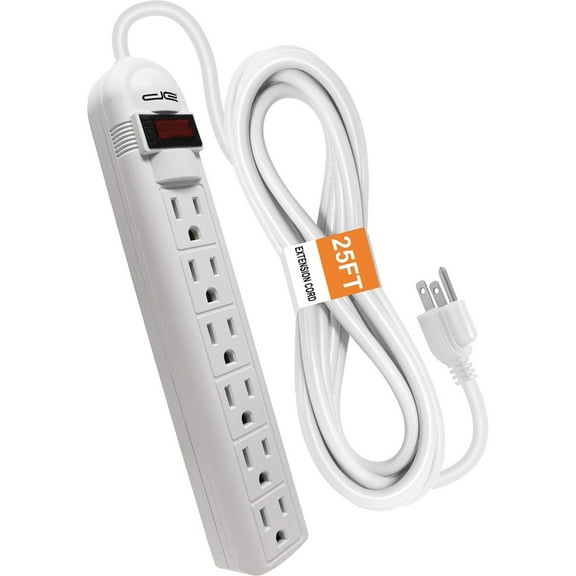 Digital Energy 6-Outlet Surge Protector Power Strip with 25-Feet Long Extension Cord, White