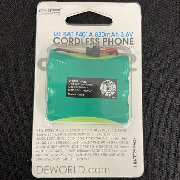 Digital Energy Cordless Phone Battery, 3.6 Volts, 830 mAh Capacity, DEBATP401A