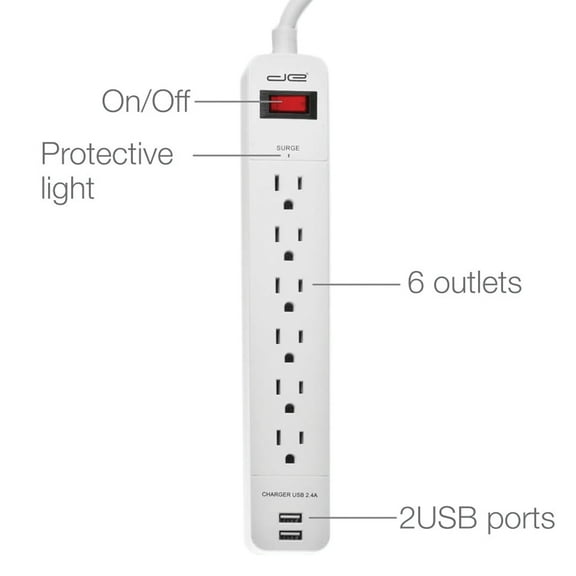 Digital Energy ENR1-1006 6-Outlet Surge Protector Power Strip with 2 USB Ports and 25-Foot Cord (White)