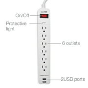 Digital Energy ENR1-1006 6-Outlet Surge Protector Power Strip with 2 USB Ports and 25-Foot Cord White