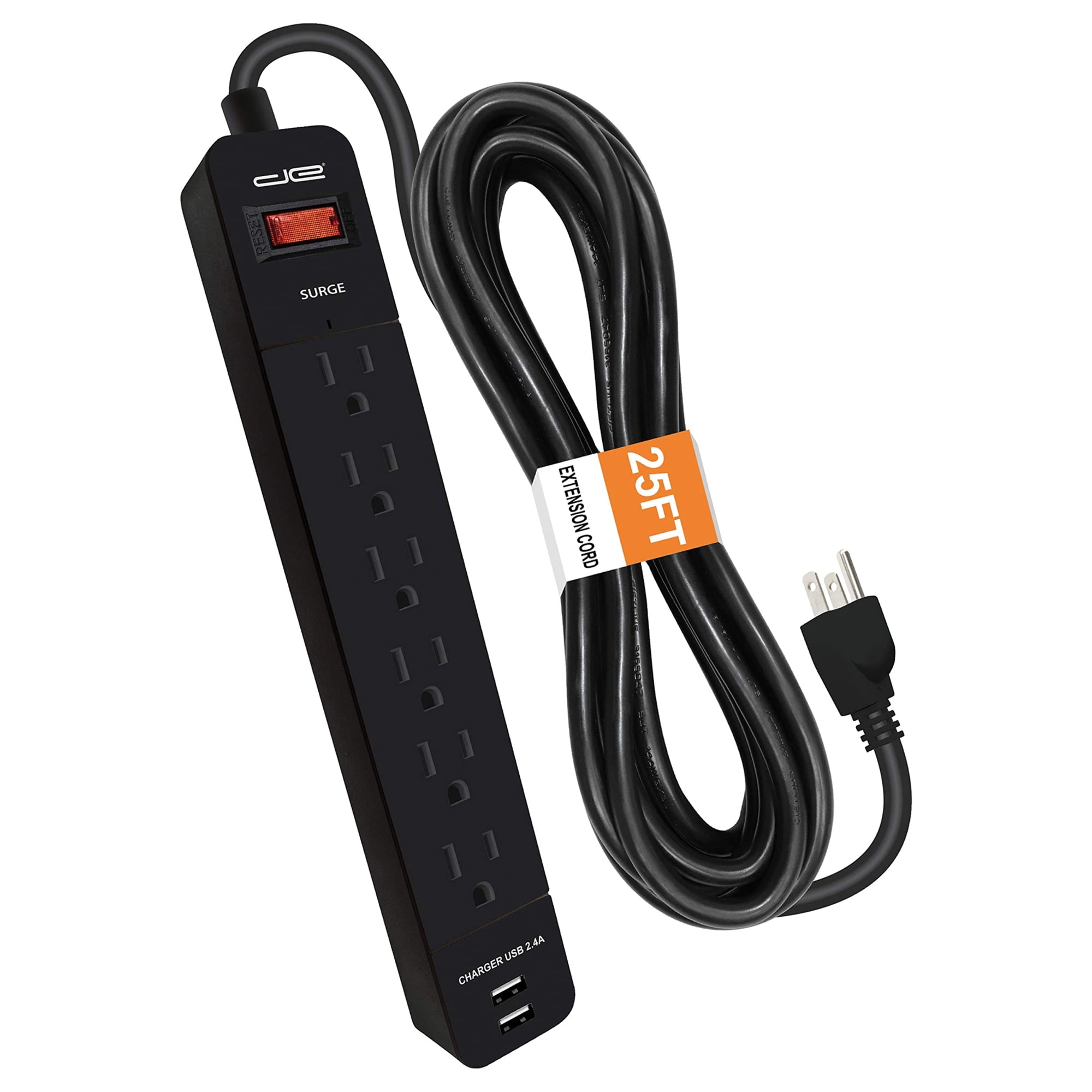 Digital Energy ENR1-1008 6-Outlet Surge Protector Power Strip with 2 USB Ports and 25-Foot Cord (Black)