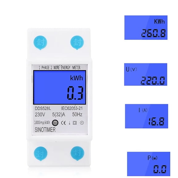 Digital Energy Meter 220V Household Electricity Power Monitor, Single Phase 2P DIN Rail Wattmeter for Home Energy Management, Multi Functional Intelligent Power Usage Monitor Device, White