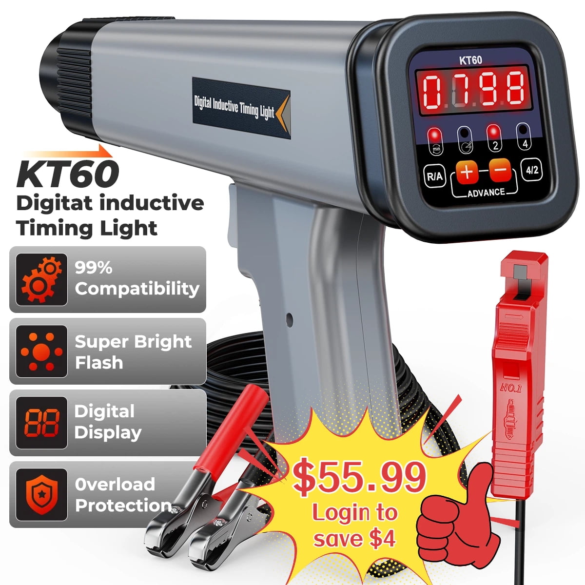 Digital Engine Timing Light, LED Display 12V Automotive Timing Light with Tachometer for 2&4 Stroke Petrol Engine, Auto Vehicle Repair Tool for Motorcycles, Marine, Agricultural Machinery