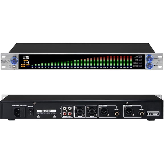 Digital Equalizer for Home Stereo Audio System, Professional 31 Band Dual Channel Graphic Equalizer Music EQ with PC Tuning, Noise Reduction & Spectrum Analyzer Display - 1U Rack Mount, Silver