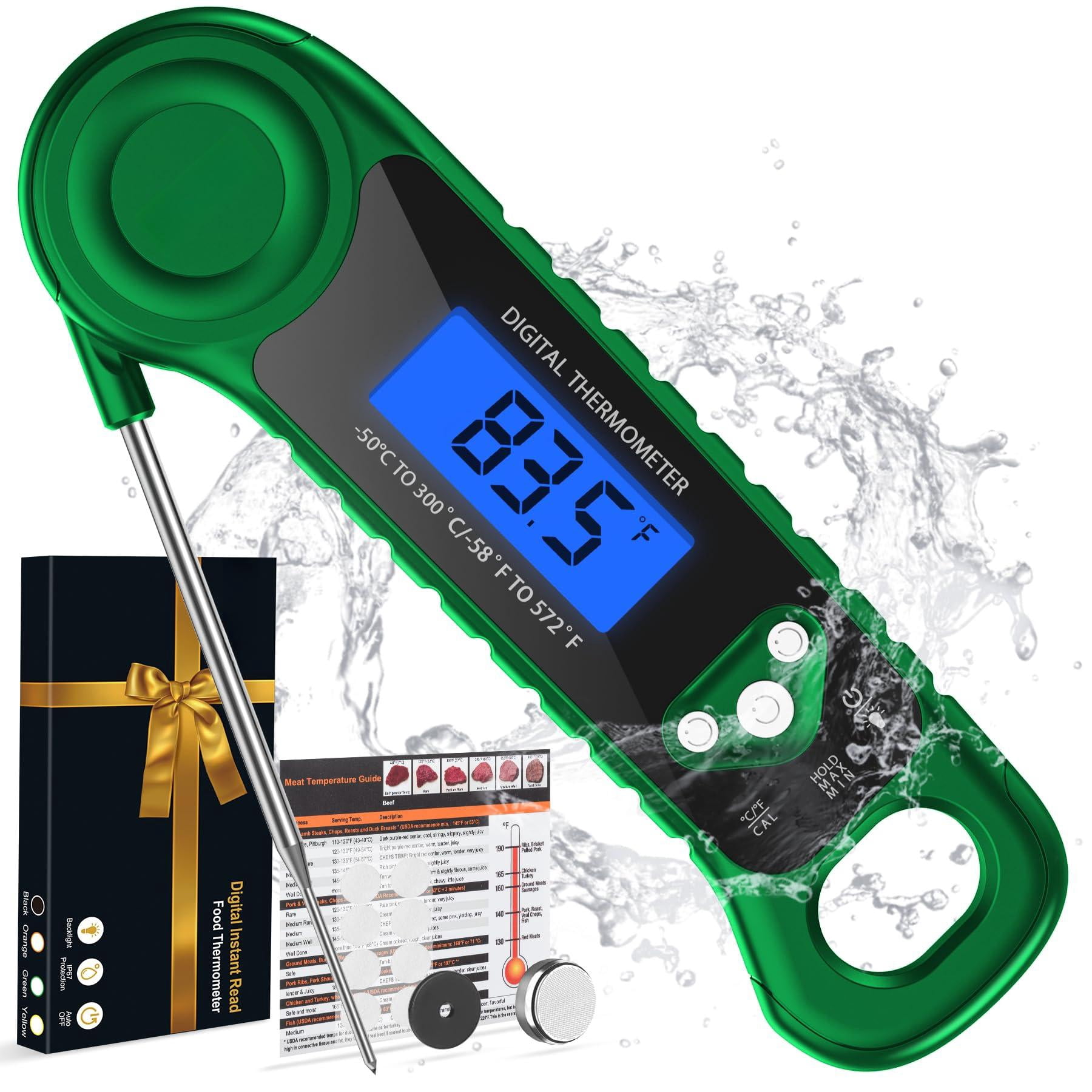 Digital Food Thermometer Green Instant Read Waterproof with Backlight for Grilling Cooking