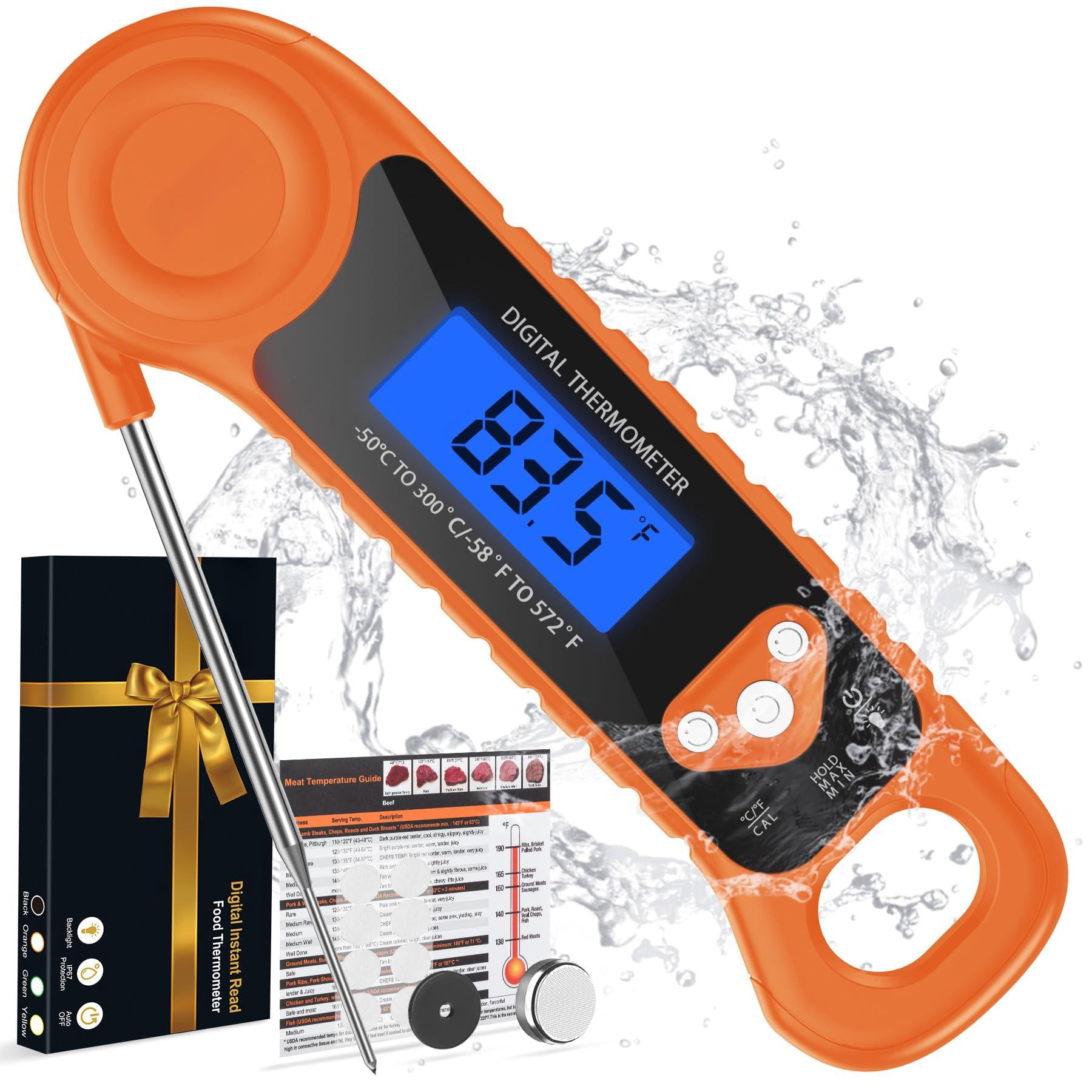 Digital Food Thermometer Orange Instant Read Waterproof Backlight for Grilling Cooking