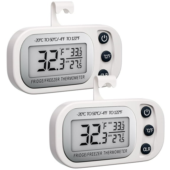 Digital Fridge Thermometer 2 Pack, Freezer Thermometer Waterproof with Large LCD, Magnetic and Stand, Multie for Kitchen, Car, Indoor, Outdoor (White)
