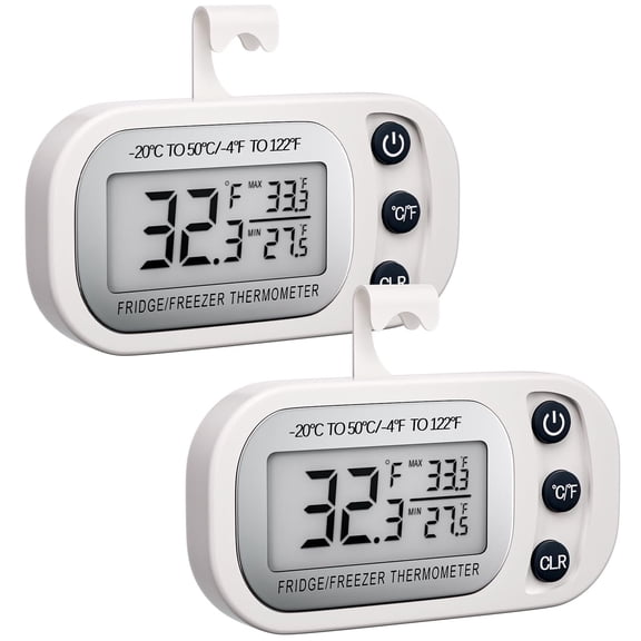 Digital Frigerator Thermometer 2 Pack,Waterproof Fridge and Freezer Thermometer,Thermometer Refrigerator with Large LCD Screen,Stand and Magnetic Back,for Room,Kitchen,White