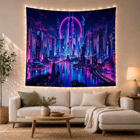 Digital Futuristic Cyberpunk With Cityscape At Night, Mystical Fantasy for Space Lovers, Galaxy Room Decor, Housewarming Gift, Tapestry Wall Hanging for Bedroom and Dorm