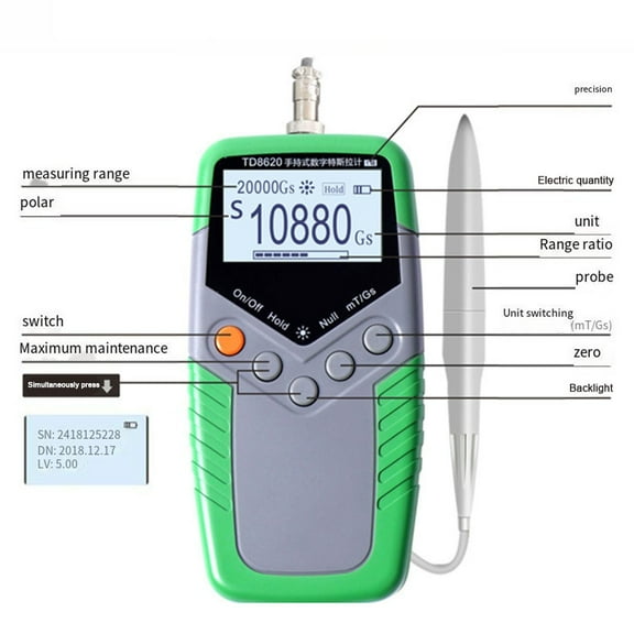 Digital Gauss Meter TD8620 Handheld Teslameter, for Permanent Magnet, for Surface Field 0-2400mT, with Hall Probe, Auto Range and Backlight Display(5%)