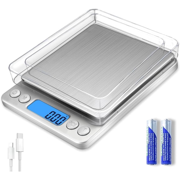 Digital Gram Scale 1000g/0.01g, Scale for Food Ounces and Grams, Upgrade USB Charging Kitchen Scale Digital Weight for Cooking, Baking, Tare Function, 9 Units, 2 Tray
