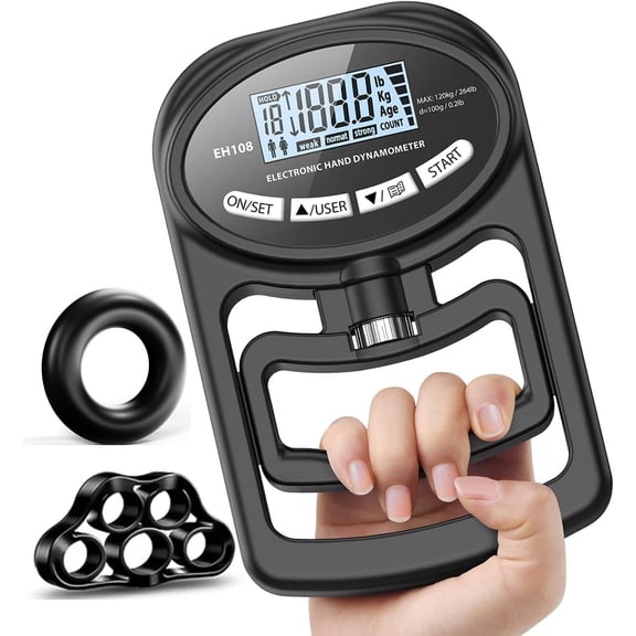Digital Hand Grip Dynamometer 3‑in‑1 Grip Strength Kit,265Lbs/120Kg Precision Strength Tester with Finger Expander & Palm Grip Ring,Multi‑User Memory Hand Exerciser for Sports,Home & School Fitness