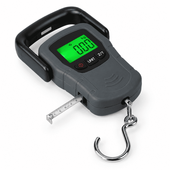 Digital Hanging Fish Scale with Measuring Tape, 110lb Capacity, Includes AAA