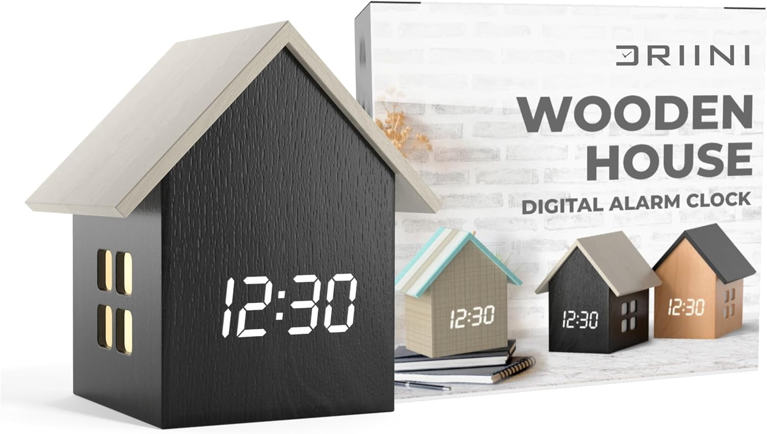 Digital House Shaped Alarm Clock with Temperature Display (Dark Wood ...