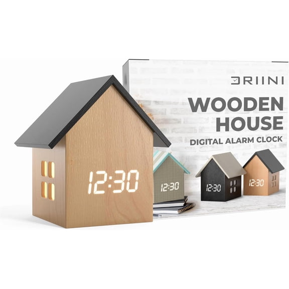 Digital House-Shaped Alarm Clock with Temperature Display (Light Wood) Modern Aesthetic - Cute Cube Frame and White LED Dimmer - Perfect Small Desk Clock for Bedside Table or Bedroom Mantle