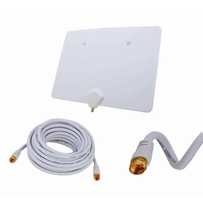 Digital Indoor HDTV Antenna Flat White w/ 25FT RG6 Coaxial Cable – 45 Mile VHF/UHF TV Signal Receiver, F-Type Extension Cord for Cable TV, Satellite, OTA Broadcast, 1080p Ready Plug & Play Setup
