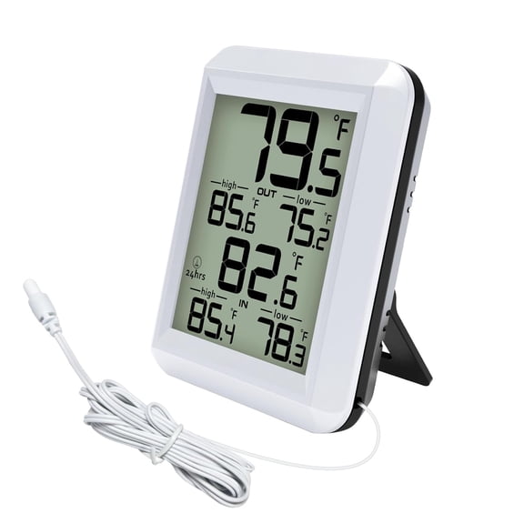 Digital Indoor Outdoor Thermometer Wired, Indoor Outdoor Temperature Monitor with Min/Max Record and Probe Sensor for Home, Office, Greenhouse, Aquarium, Refrigerator, Freezer (White)