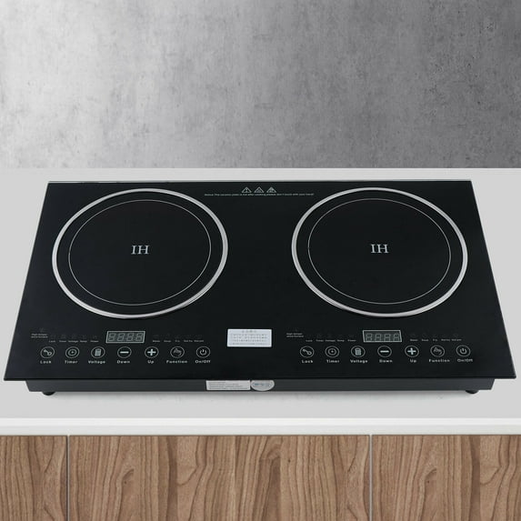 Digital Induction Cooktop,2600W 110V Double Burners Electric Stove, Countertop Burner with Legs, Induction Cooker Vitro Ceramic Glass Black Surface for Cast Iron Pan (1200W+1400W)