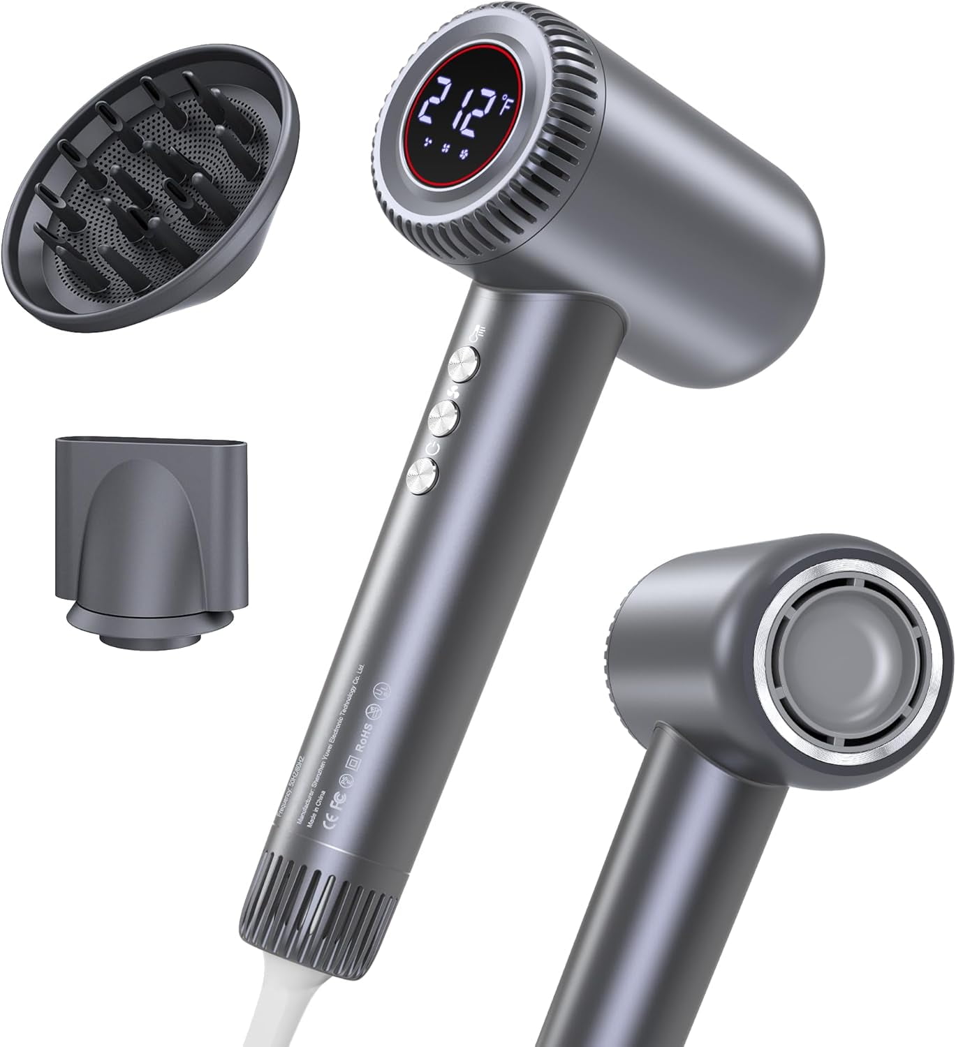 Digital Ionic Hair Dryer with Real-Time Temperature Display, Powerful 180,000 RPM Quiet Blow Dryer for Curly and Straight Hair, Lightweight Travel Kit with Magnetic Attachments